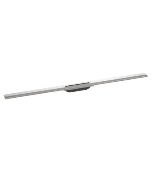 Edelstahl-Duschrinne von Hansgrohe mit schlanker Form und einer mittigen Ablauffläche. Erhöhte Flexibilität durch kürzbare Elemente für individuelle Installationen.